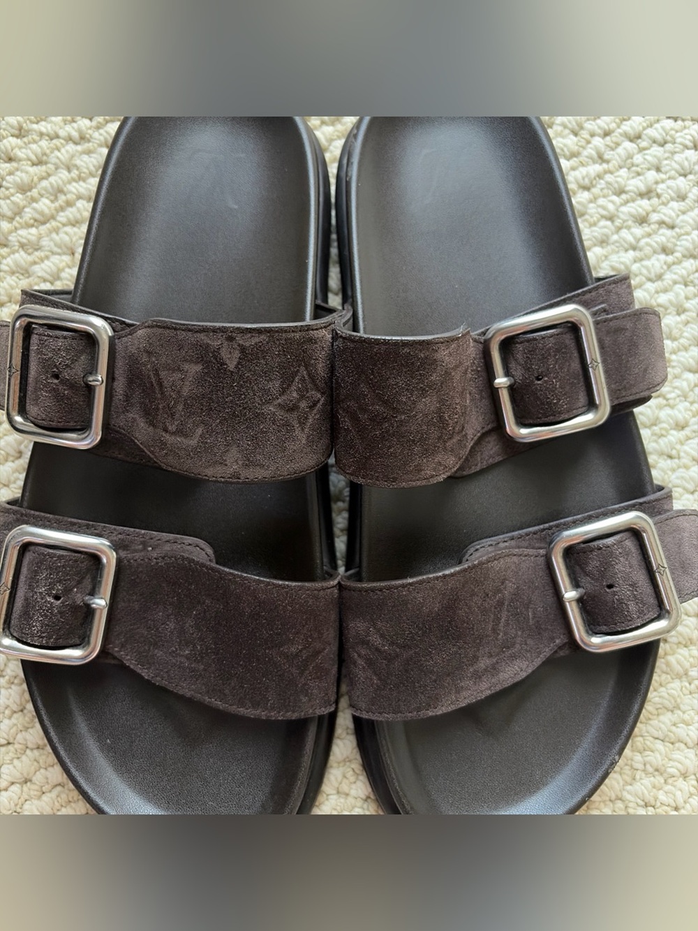 Authentic Louis Vuitton Brown Suede Double-Buckle Men's Slide Sandals